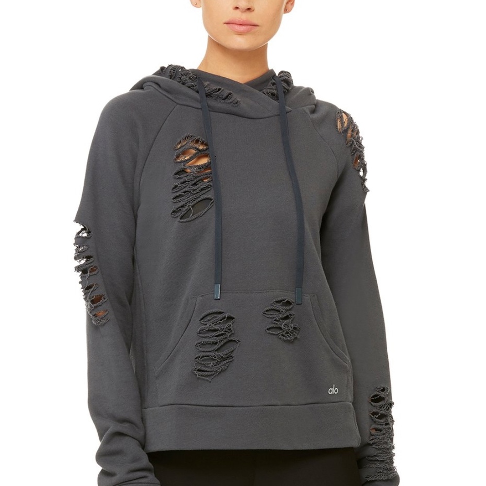 NWT Alo Yoga Ripped Hoodie in Anthracite - Picture 1 of 4